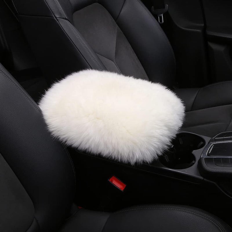 LLB Auto Center Console Cover Pad Universal Fit for SUV/Truck/Car, Genuine Sheepskin Wool Fur Car Armrest Seat Box Cover, Furry Fluffy Auto Armrest Cover Protector (White) - Image 1